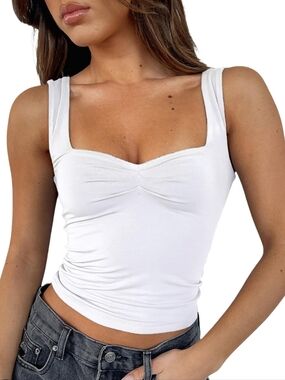 🍅Square Neck White Tank Top with Ruched Bust